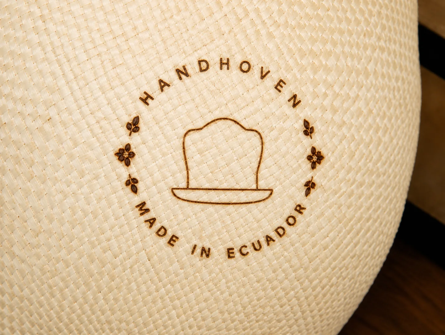 Handwoven Made in Ecuador brand mark on a Panama hat crown