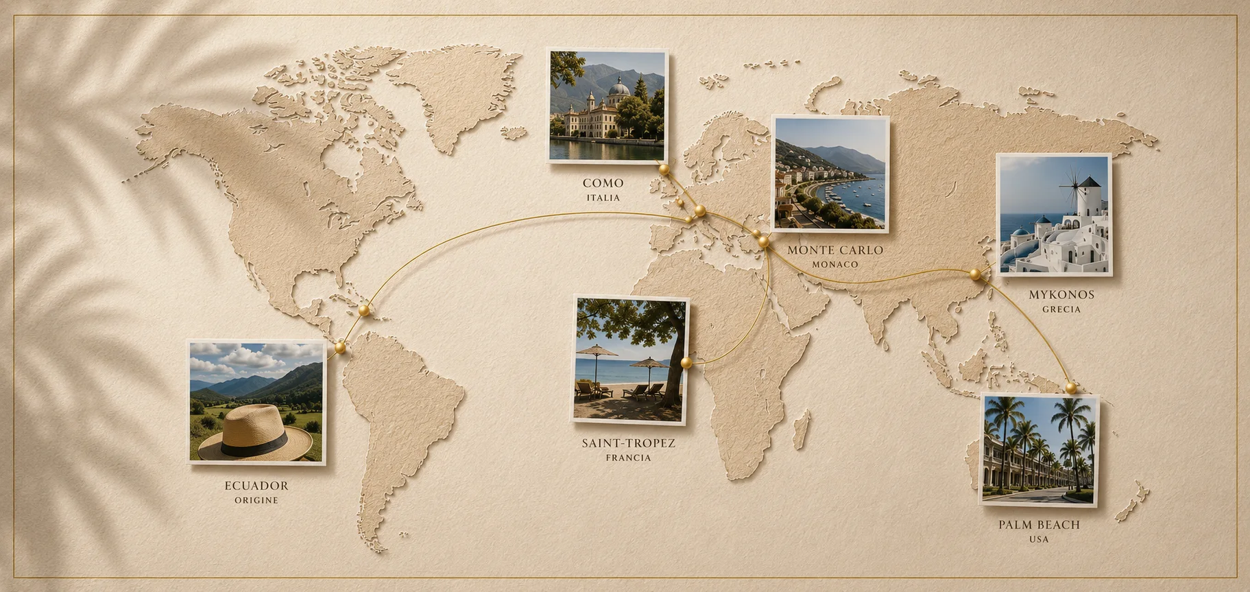 PanamaHatters journey map: Ecuador, Como, Monte Carlo, Mykonos, Saint-Tropez, Palm Beach
